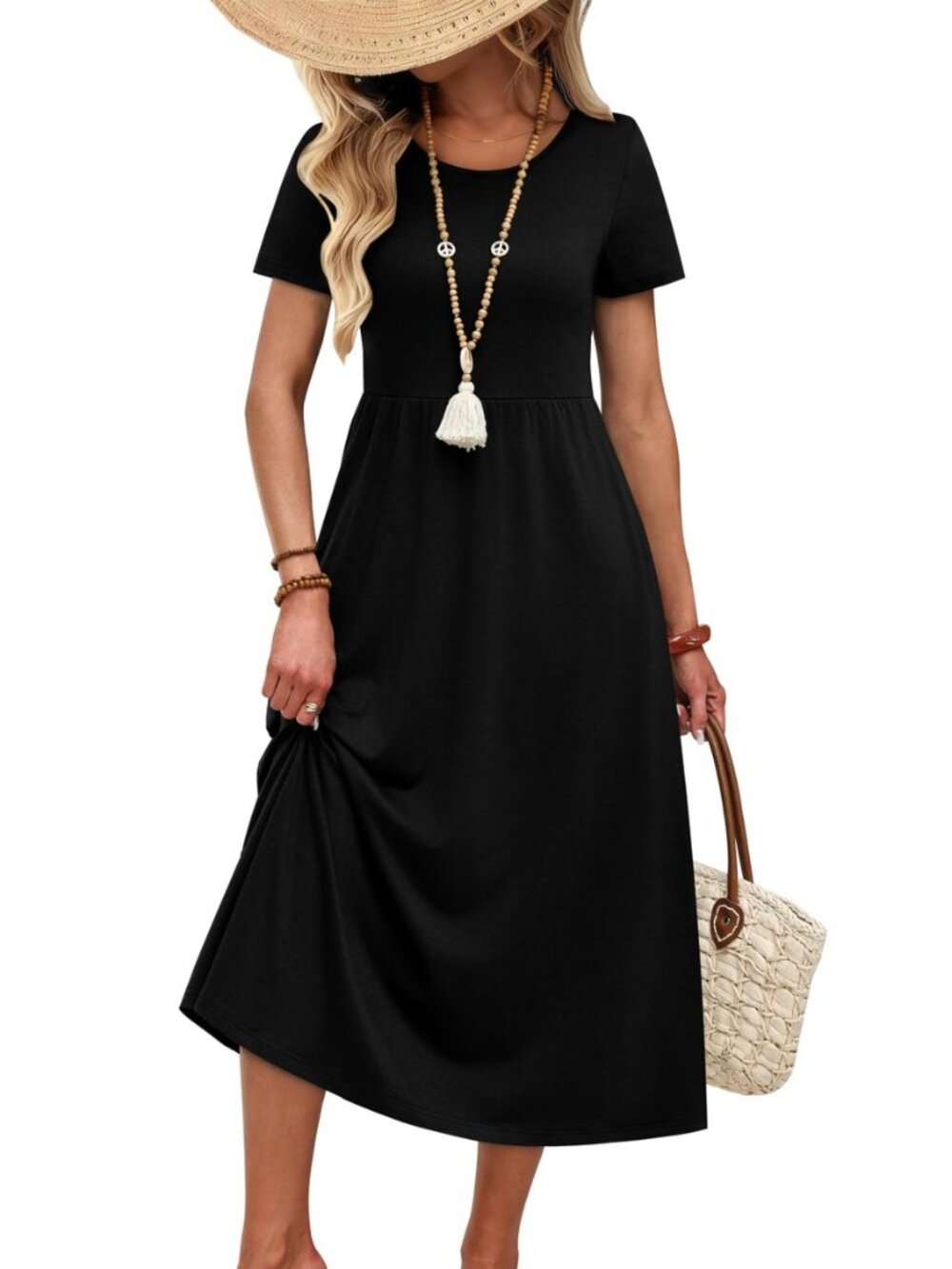 Spring Summer Dresses for Women 2026 Crewneck Short Sleeve Flowy Casual Midi